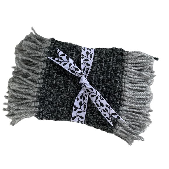 Mug Rugs Coasters Handmade Crochet Gray Variegated Fringe Set of 4 - Picture 3 of 10